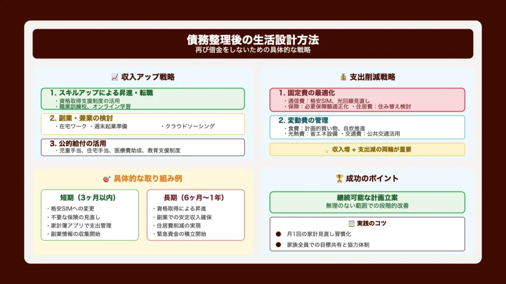 債務整理後に再び借金をしないための具体的な生活設計方法をご紹介します。

収入アップ戦略：

スキルアップによる昇進・転職

資格取得支援制度の活用

職業訓練校での技能向上

オンライン学習での専門知識習得

副業・兼業の検討

在宅ワークの活用

週末起業の準備

クラウドソーシングでの収入

公的給付の活用

児童手当、児童扶養手当

住宅手当、医療費助成

教育支援制度

支出削減戦略：

固定費の最適化

通信費：格安SIM、光回線の見直し

保険：必要保障額の適正化

住居費：住み替え、住宅手当の活用

変動費の管理

食費：計画的な買い物、自炊の推進

光熱費：省エネ設備の導入

交通費：公共交通機関の活用